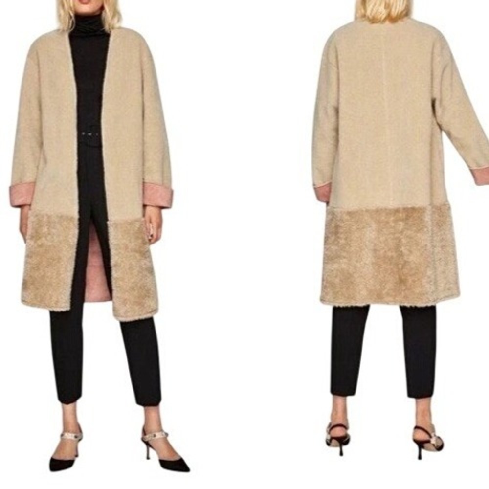 Zara Basic Womens Faux Fur‎ Reversible Longline Coat Beige Pink Open Front M
